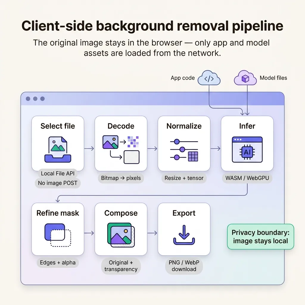 Diagram showing the client-side background removal pipeline from file input to transparent PNG export