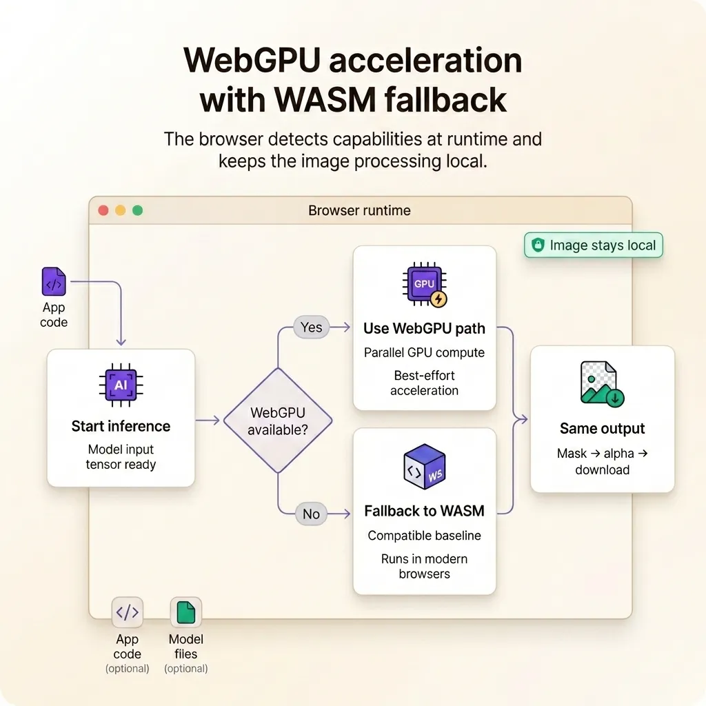 Diagram showing WebAssembly as the fallback baseline and WebGPU as the GPU acceleration path for browser AI inference